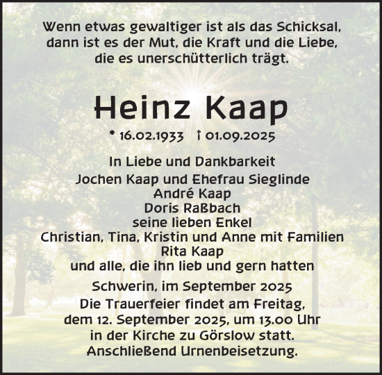 Traueranzeige von Heinz Kaap von Zeitung für die Landeshauptstadt
