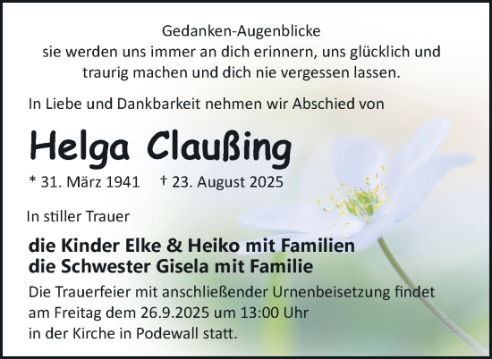 Traueranzeige von Helga Claußing von Nordkurier Neubrandenburger Zeitung