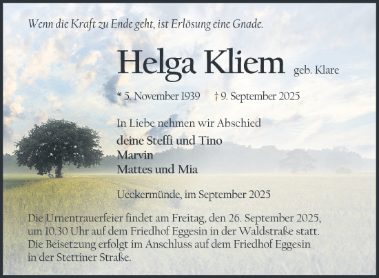 Traueranzeige von Helga Kliem von Nordkurier Haff-Zeitung