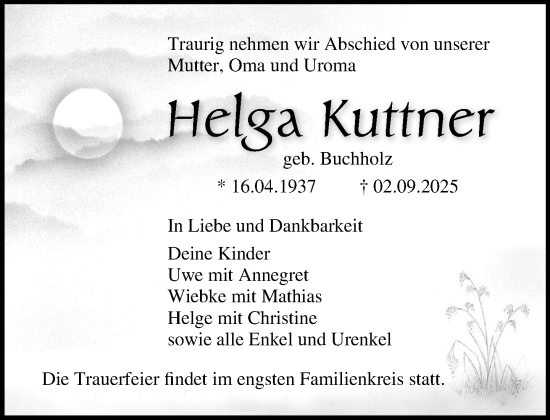 Traueranzeige von Helga Kuttner von Norddeutsche Neueste Nachrichten