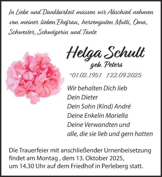 Traueranzeige von Helga Schult von Der Prignitzer