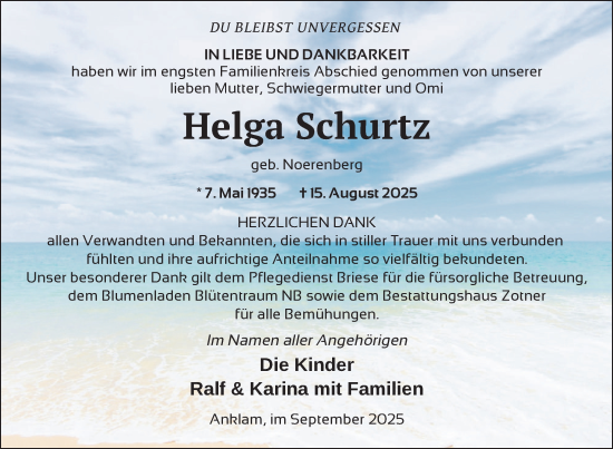 Traueranzeige von Helga Schurtz von Nordkurier Vorpommern Kurier