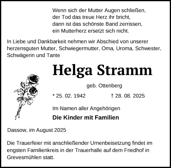 Traueranzeige von Helga Stramm von Anzeiger für Sternberg - Brüel - Warin