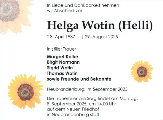 Traueranzeige von Helga Wotin von Nordkurier Neubrandenburger Zeitung