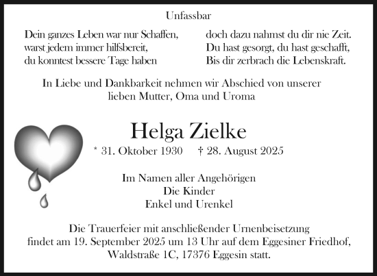 Traueranzeige von Helga Zielke Zielke von Nordkurier Haff-Zeitung
