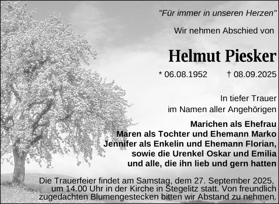 Traueranzeige von Helmut Piesker von Uckermark Kurier Templiner Zeitung