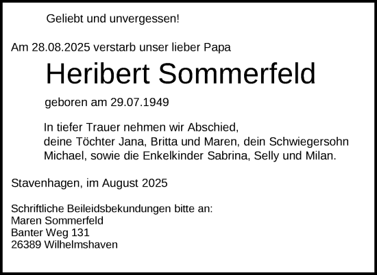 Traueranzeige von Heribert Sommerfeld von Nordkurier Demminer Zeitung