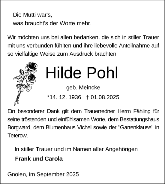 Traueranzeige von Hilde Pohl von Nordkurier Mecklenburger Schweiz