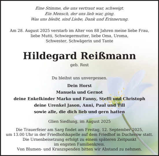 Traueranzeige von Hildegard Reißmann von Nordkurier Vorpommern Kurier