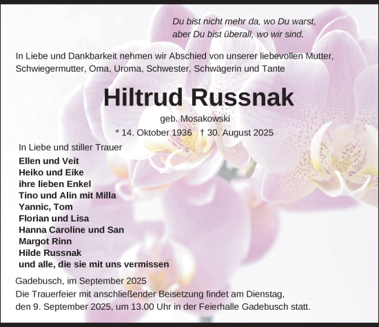 Traueranzeige von Hiltrud Russnak von Gadebusch - Rehnaer Zeitung