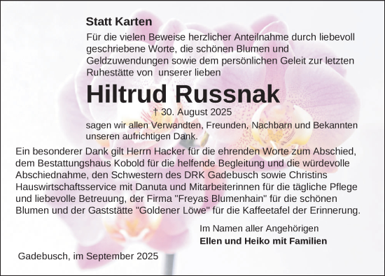 Traueranzeige von Hiltrud Russnak von Gadebusch - Rehnaer Zeitung
