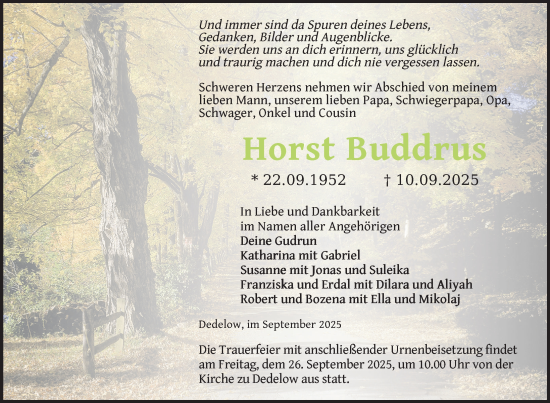 Traueranzeige von Horst Buddrus von Uckermark Kurier Prenzlauer Zeitung