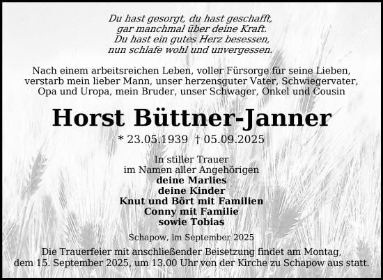 Traueranzeige von Horst Büttner-Janner von Uckermark Kurier Prenzlauer Zeitung