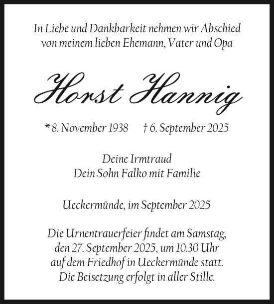 Traueranzeige von Horst Hannig von Nordkurier Haff-Zeitung