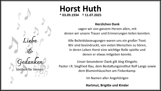 Traueranzeige von Horst Huth von Anzeiger für Sternberg - Brüel - Warin