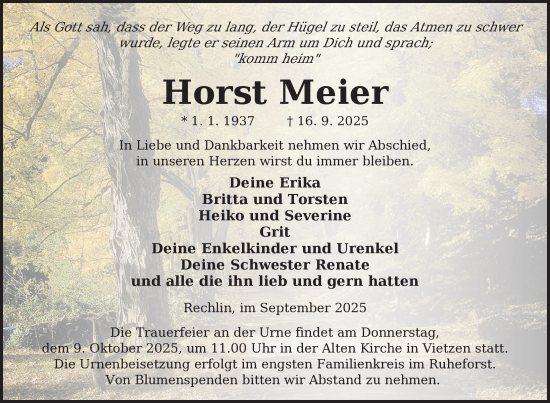 Traueranzeige von Horst Meier von Nordkurier Müritz-Zeitung