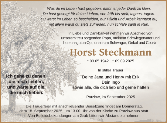 Traueranzeige von Horst Steckmann von Uckermark Kurier Prenzlauer Zeitung