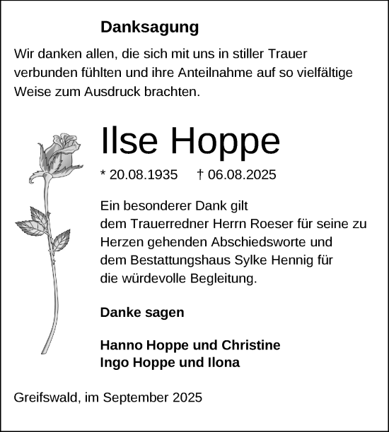 Traueranzeige von Ilse Hoppe von Nordkurier Vorpommern Kurier
