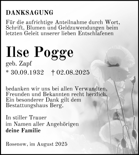 Traueranzeige von Ilse Pogge von Nordkurier Neubrandenburger Zeitung