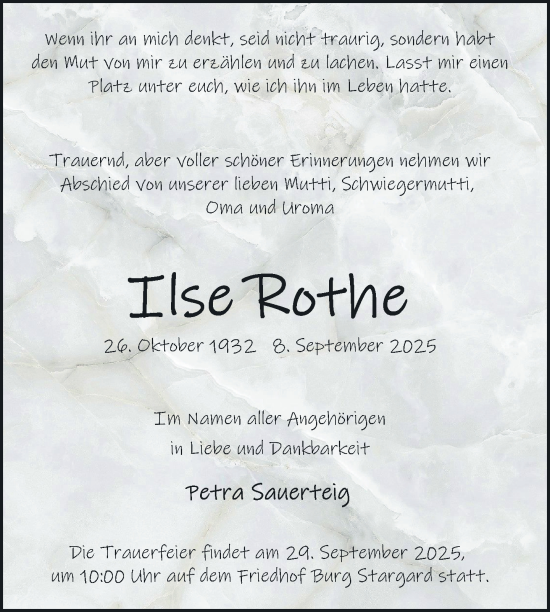 Traueranzeige von Ilse Rothe von Nordkurier Neubrandenburger Zeitung