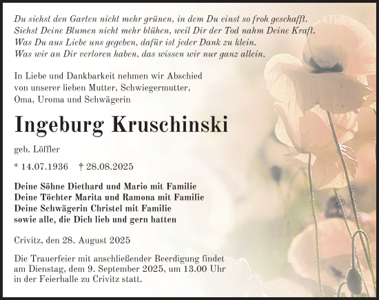 Traueranzeige von Ingeburg Kruschinski von Zeitung für die Landeshauptstadt