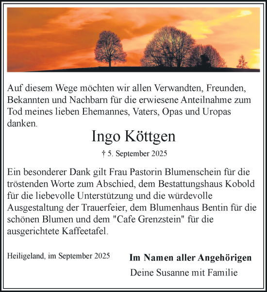 Traueranzeige von Ingo Köttgen von Gadebusch - Rehnaer Zeitung