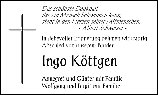 Traueranzeige von Ingo Köttgen von Gadebusch - Rehnaer Zeitung