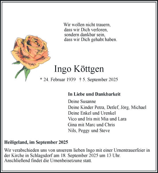 Traueranzeige von Ingo Köttgen von Gadebusch - Rehnaer Zeitung