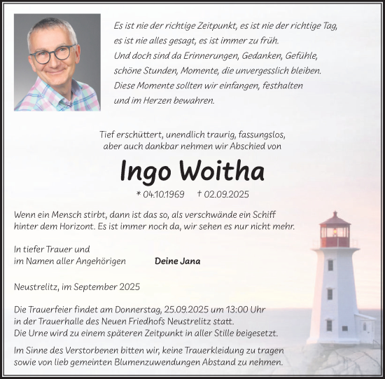 Traueranzeige von Ingo Woitha von Nordkurier Neubrandenburger Zeitung