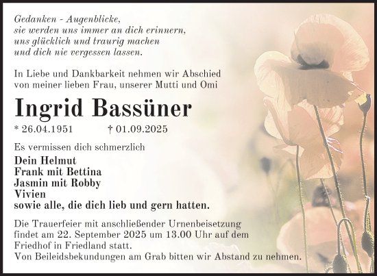 Traueranzeige von Ingrid Bassüner von Nordkurier Neubrandenburger Zeitung