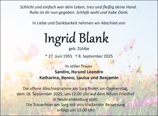 Traueranzeige von Ingrid Blank von Nordkurier Neubrandenburger Zeitung