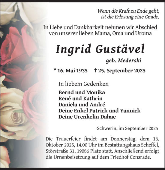 Traueranzeige von Ingrid Gustävel von Zeitung für die Landeshauptstadt