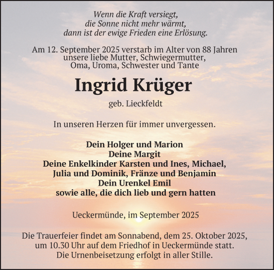 Traueranzeige von Ingrid Krüger von Nordkurier Haff-Zeitung
