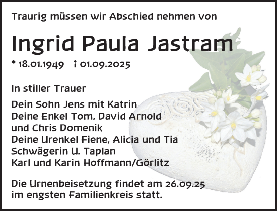 Traueranzeige von Ingrid Paula Jastram von Ludwigsluster Tageblatt