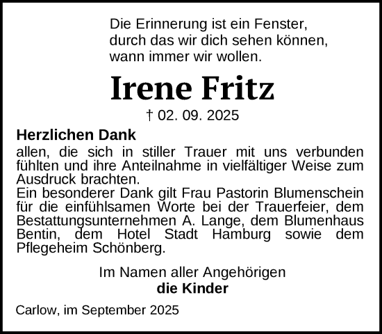 Traueranzeige von Irene Fritz von Gadebusch - Rehnaer Zeitung