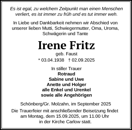 Traueranzeige von Irene Fritz von Gadebusch - Rehnaer Zeitung
