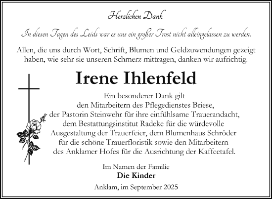 Traueranzeige von Irene Ihlenfeld von Nordkurier Vorpommern Kurier