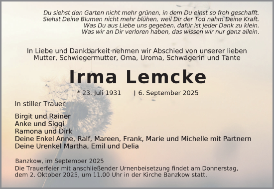 Traueranzeige von Irma Lemcke von Zeitung für die Landeshauptstadt