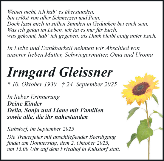 Traueranzeige von Irmgard Gleissner von Hagenower Kreisblatt