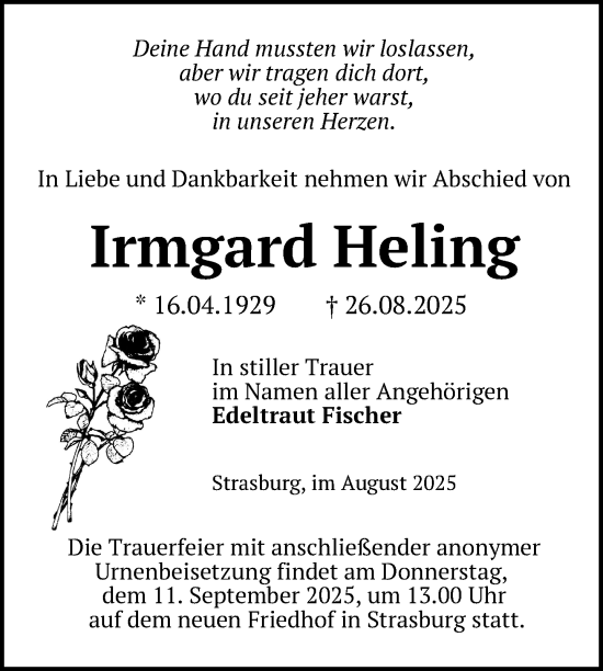 Traueranzeige von Irmgard Heling von Nordkurier Pasewalker Zeitung