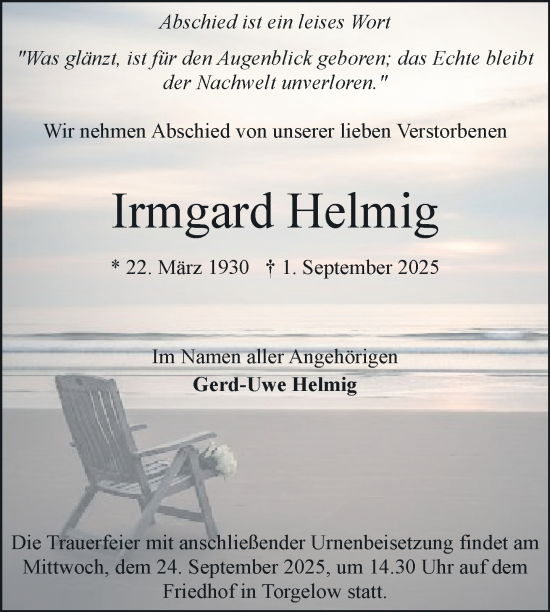 Traueranzeige von Irmgard Helmig von Nordkurier Haff-Zeitung