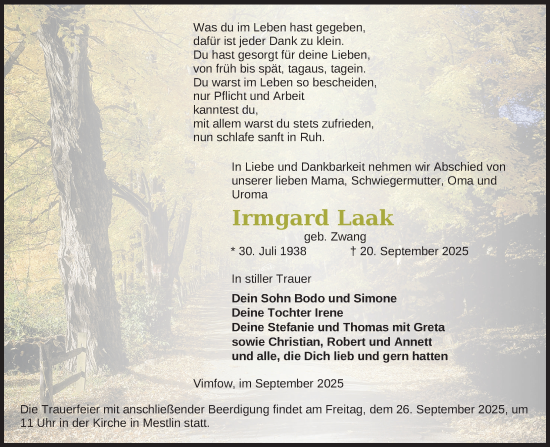 Traueranzeige von Irmgard Laak von Parchim und Lübz