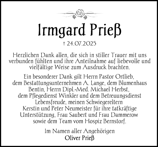 Traueranzeige von Irmgard Prieß von Gadebusch - Rehnaer Zeitung