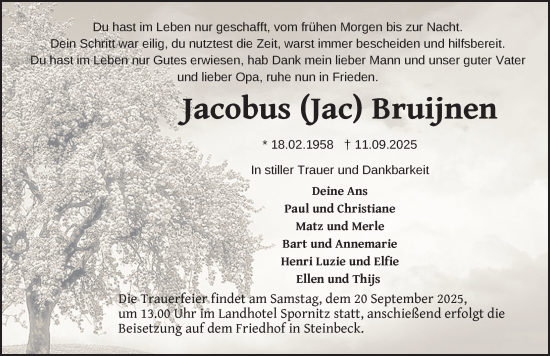 Traueranzeige von Jacobus Bruijnen von Ludwigsluster Tageblatt