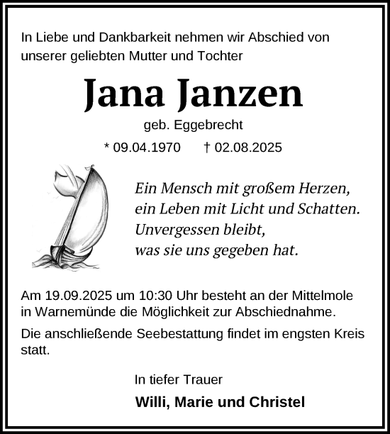 Traueranzeige von Jana Janzen von Nordkurier Mecklenburger Schweiz