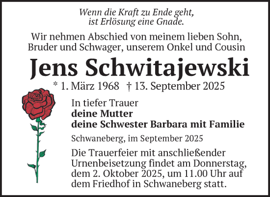 Traueranzeige von Jens Schwitajewski von Uckermark Kurier Prenzlauer Zeitung