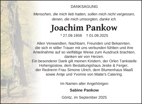 Traueranzeige von Joachim Pankow von Uckermark Kurier Prenzlauer Zeitung