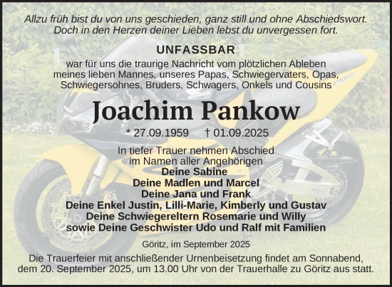 Traueranzeige von Joachim Pankow von Uckermark Kurier Prenzlauer Zeitung