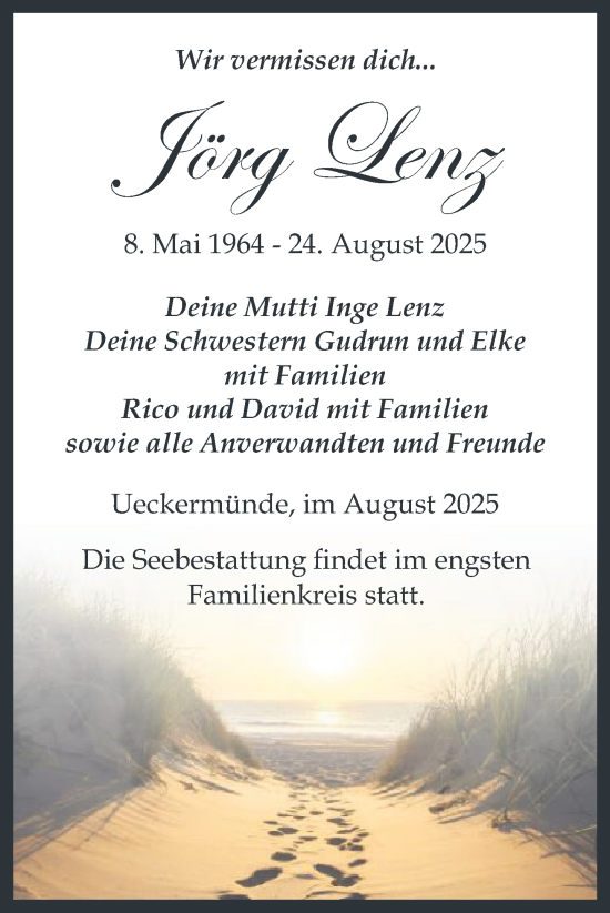 Traueranzeige von Jörg Lenz von Nordkurier Haff-Zeitung
