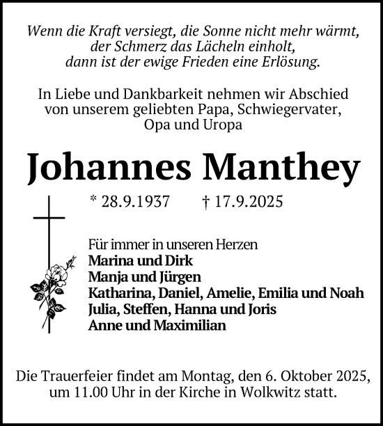 Traueranzeige von Johannes Manthey von Nordkurier Vorpommern Kurier